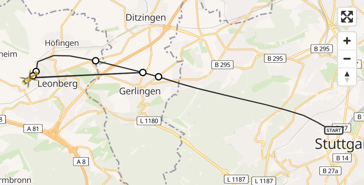 Flugroute Rettungshubschrauber Stuttgart - Leonberg Hospital, 18 August 2026, 16:14