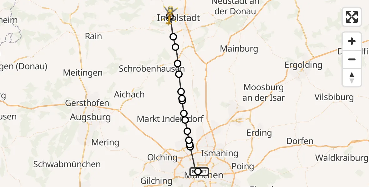 Flugroute Rettungshubschrauber Deutsches Herzzentrum München - Ingolstadt Hospital, 18 August 2026, 16:20