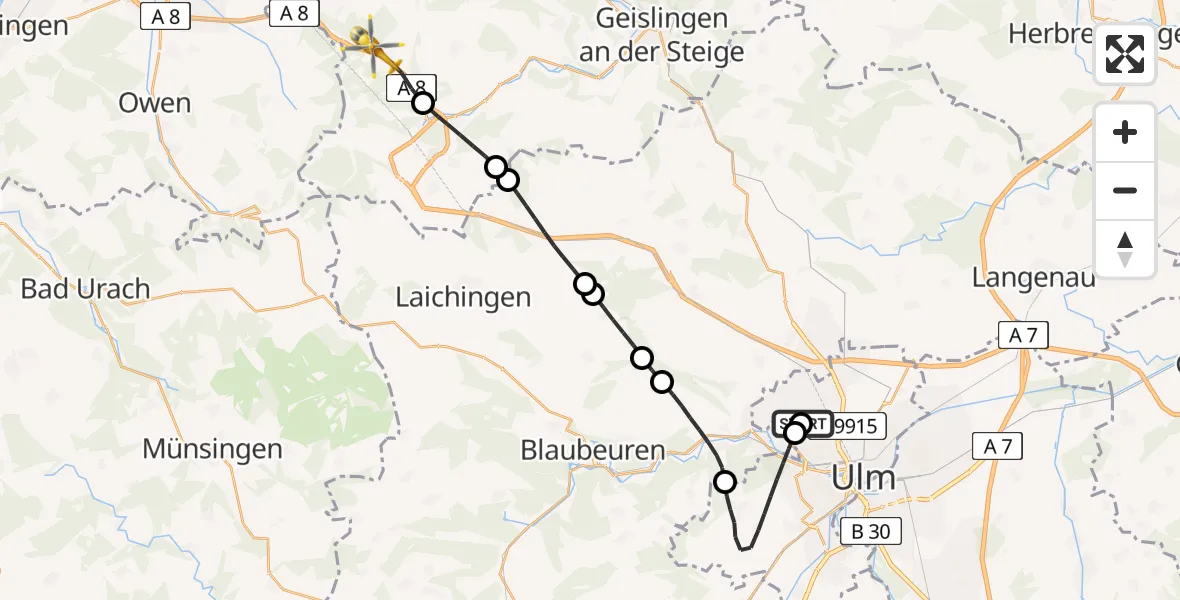 Flugroute Rettungshubschrauber Ulm Military Hospital Emergency - Gruibingen, 18 August 2026, 16:37