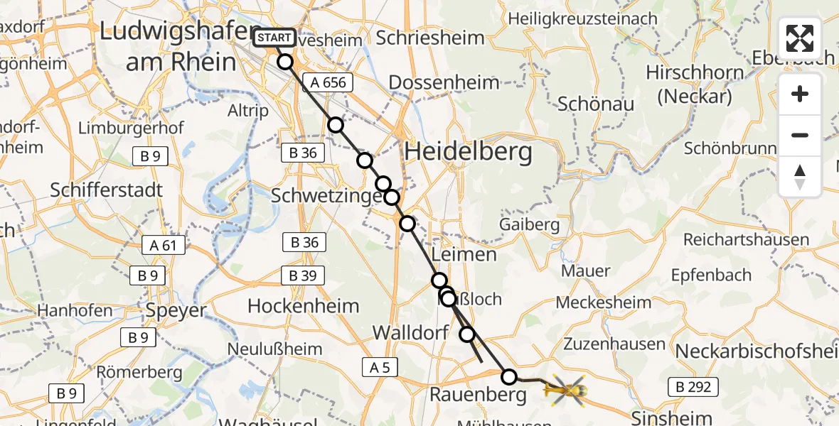 Flugroute Rettungshubschrauber Mannheim-City Flughafen - Dielheim, 18 August 2026, 16:42