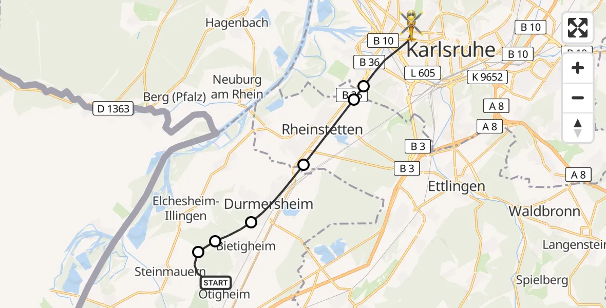 Flugroute Ambulanzhubschrauber Ötigheim - Karlsruhe, 18 August 2026, 16:47