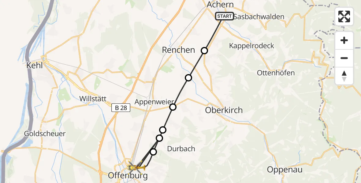 Flugroute Ambulanzhubschrauber Achern - Offenburg, 18 August 2026, 16:50