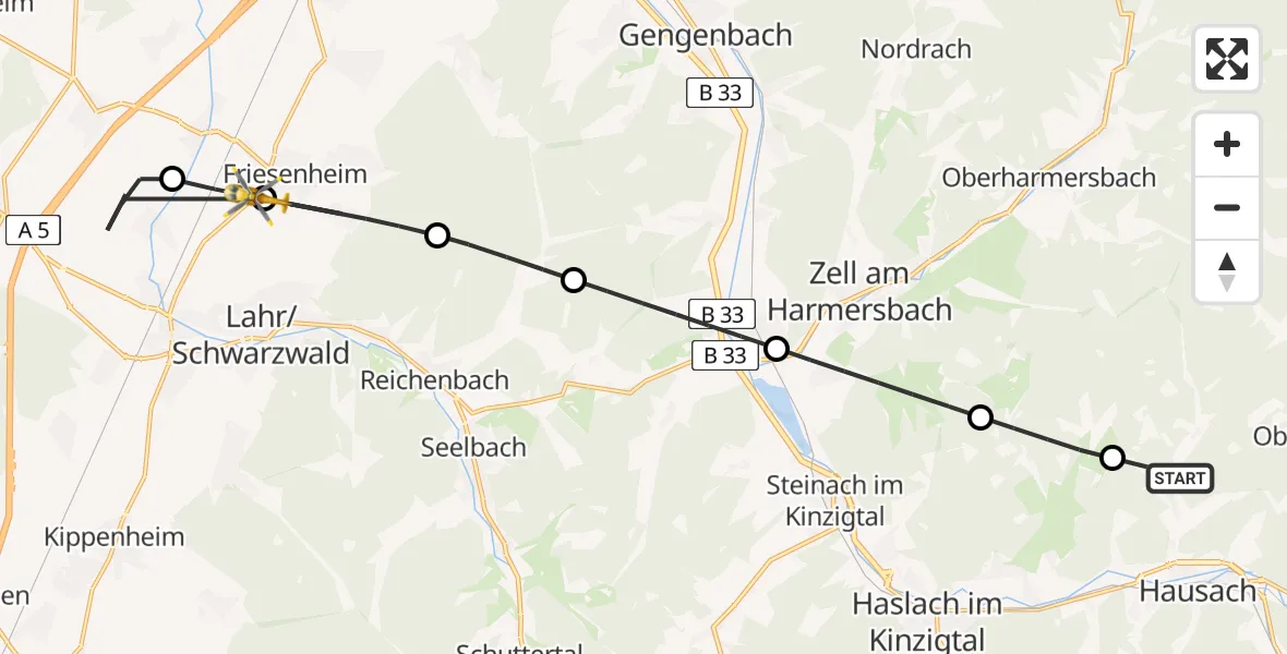 Flugroute Rettungshubschrauber Hausach - Friesenheim, 18 August 2026, 16:55