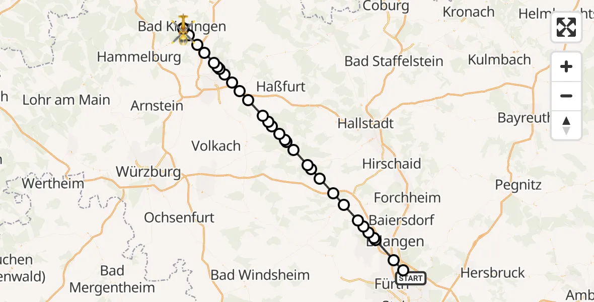 Flugroute Rettungshubschrauber Flughafen Nuremberg - Helios Sankt Elisabeth Hospital Bad Kissingen, 18 August 2026, 17:00