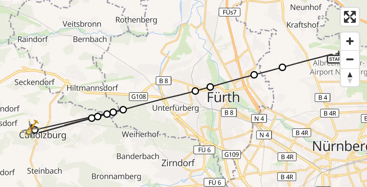 Flugroute Ambulanzhubschrauber Flughafen Nuremberg - Cadolzburg, 18 August 2026, 17:02