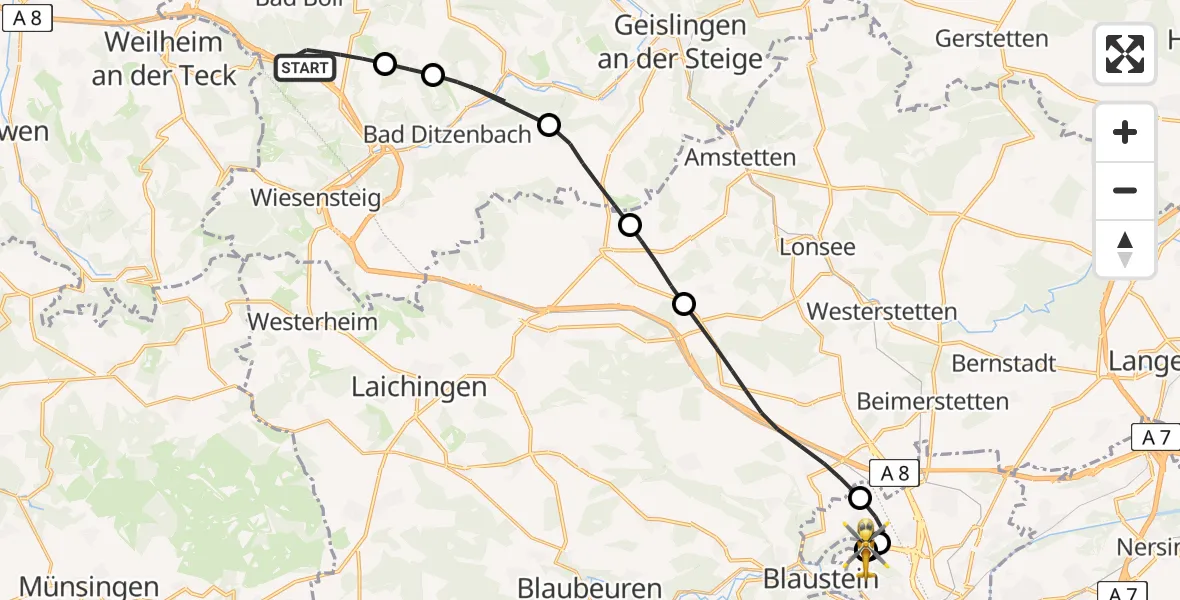 Flugroute Rettungshubschrauber Gruibingen - ADAC Air Rescue Station Ulm (Christoph 22), 18 August 2026, 17:04