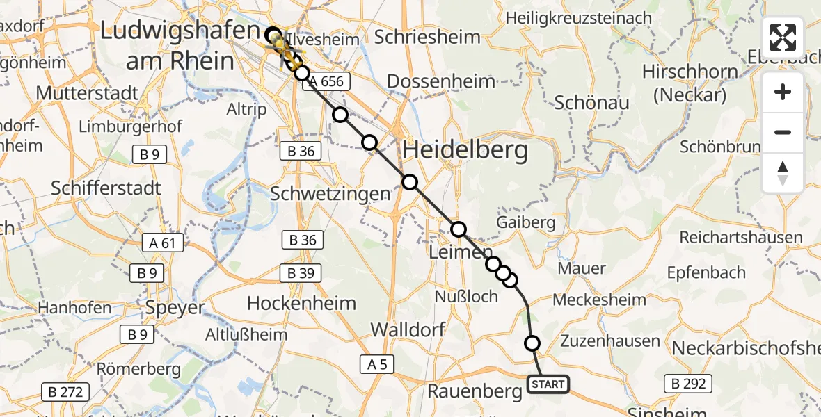 Flugroute Rettungshubschrauber Dielheim - Mannheim, 18 August 2026, 17:16