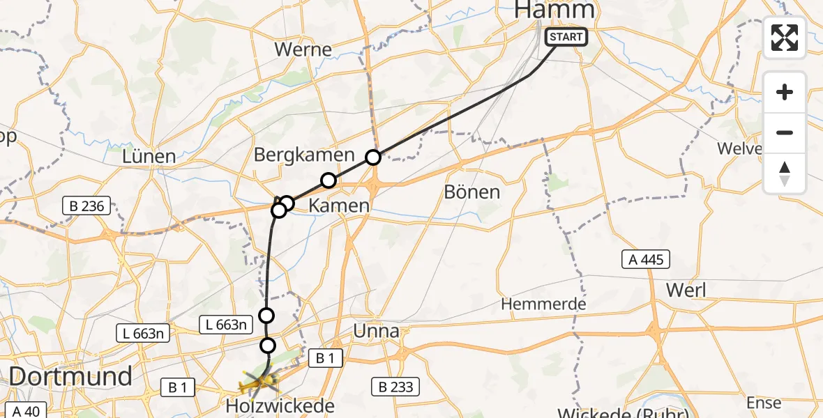 Flugroute Rettungshubschrauber Hamm - Dortmund Flughafen, 18 August 2026, 17:18