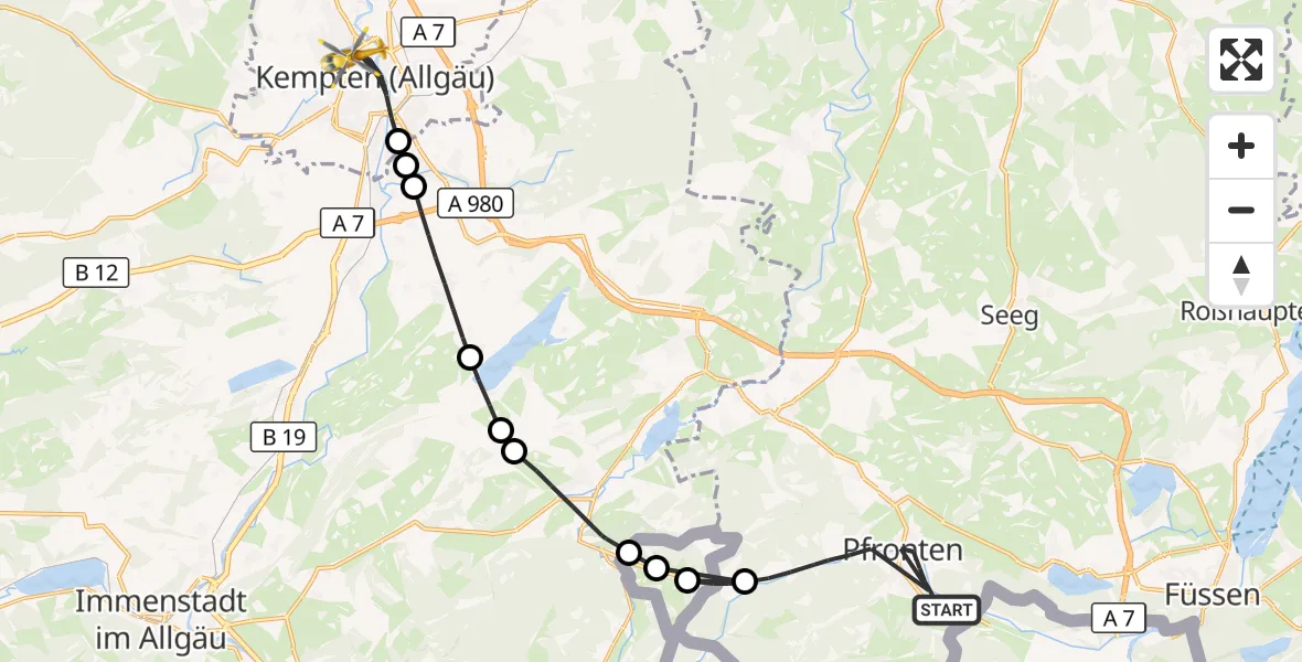 Flugroute Rettungshubschrauber Pfronten - Kempten (Allgäu), 18 August 2026, 17:39