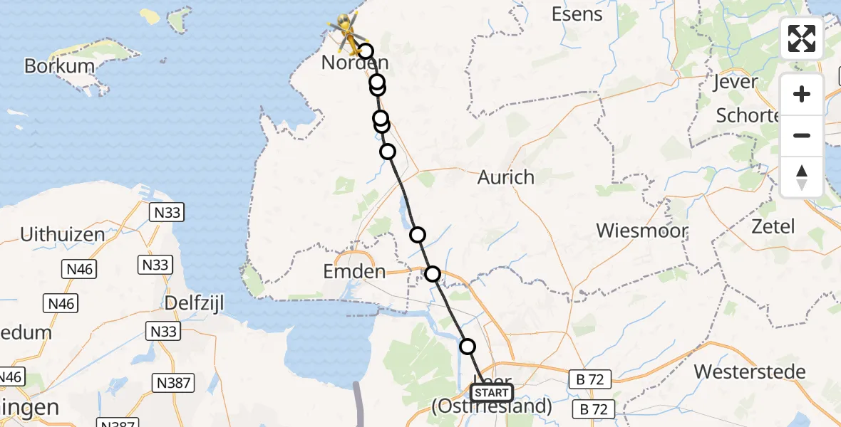 Flugroute Ambulanzhubschrauber Leer (Ostfriesland) - Norden, 18 August 2026, 17:41