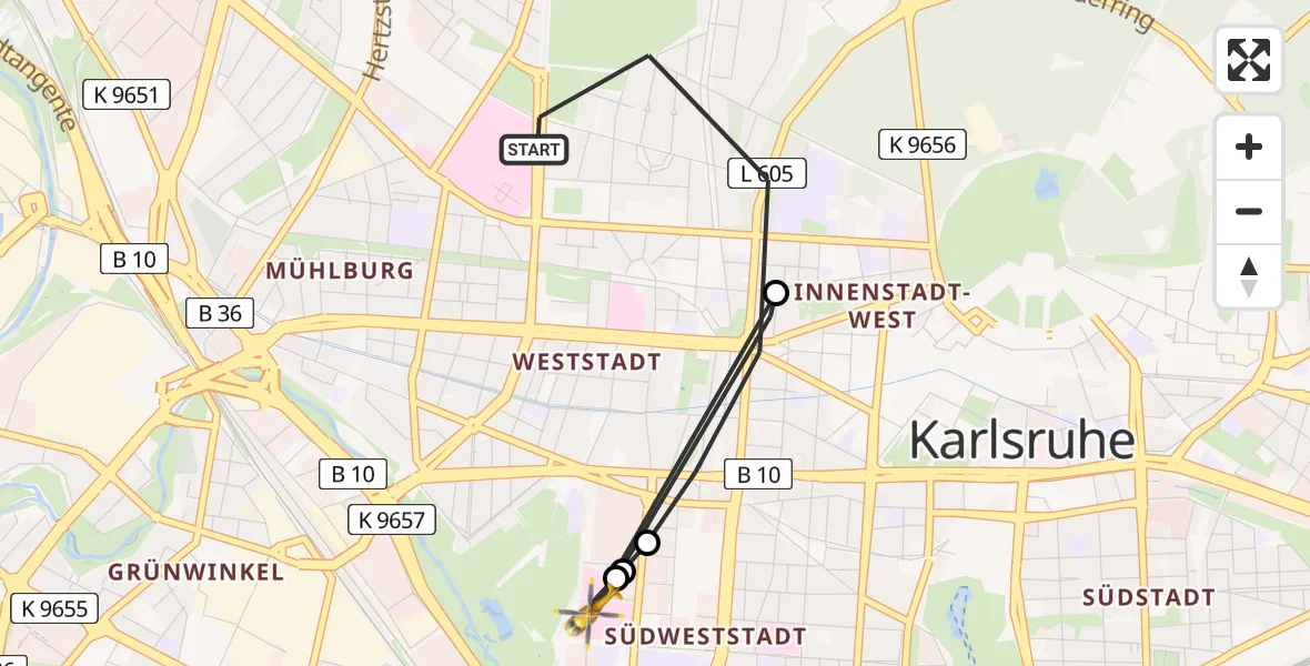 Flugroute Ambulanzhubschrauber Karlsruhe - Sankt Vincentius Hospital, 18 August 2026, 17:46
