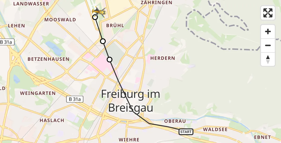 Flugroute Ambulanzhubschrauber Freiburg im Breisgau - Freiburg im Breisgau Flugplatz, 18 August 2026, 18:04