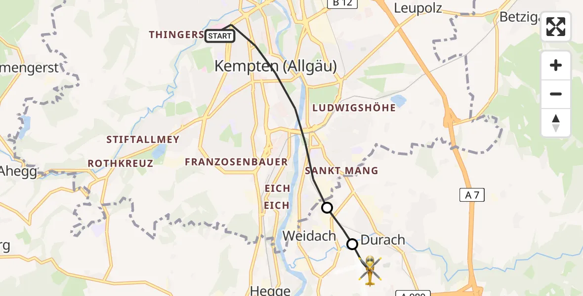 Flugroute Rettungshubschrauber Kempten (Allgäu) - Kempten-Durach Flugplatz, 18 August 2026, 18:07