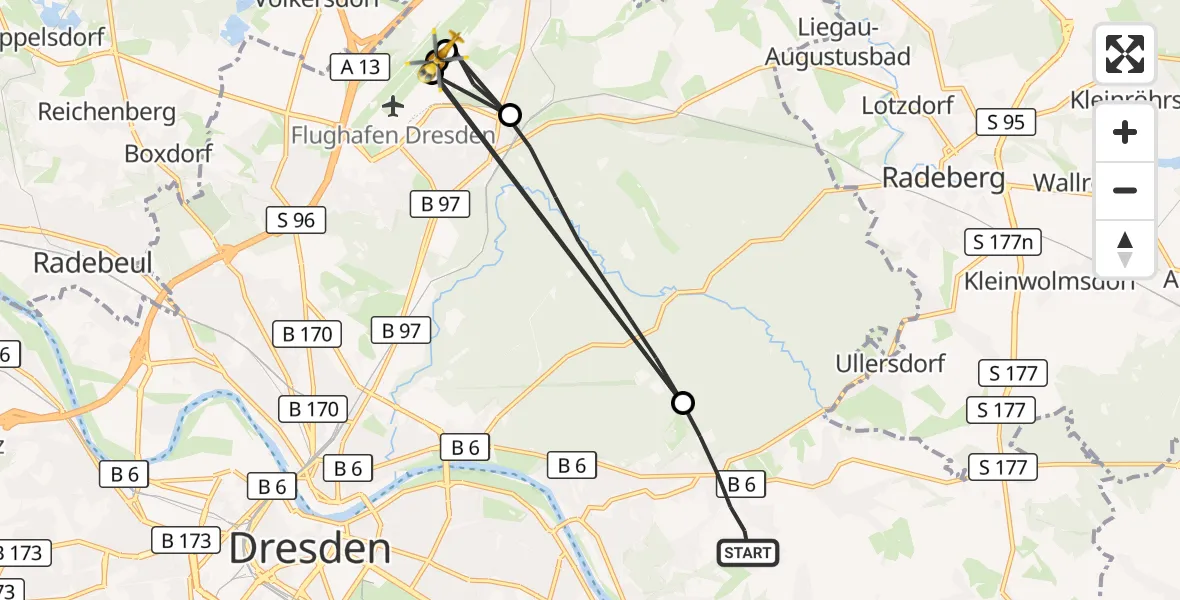 Flugroute Rettungshubschrauber Dresden - Dresden Bundespolizei Hubschrauberlandeplatz, 18 August 2026, 18:08