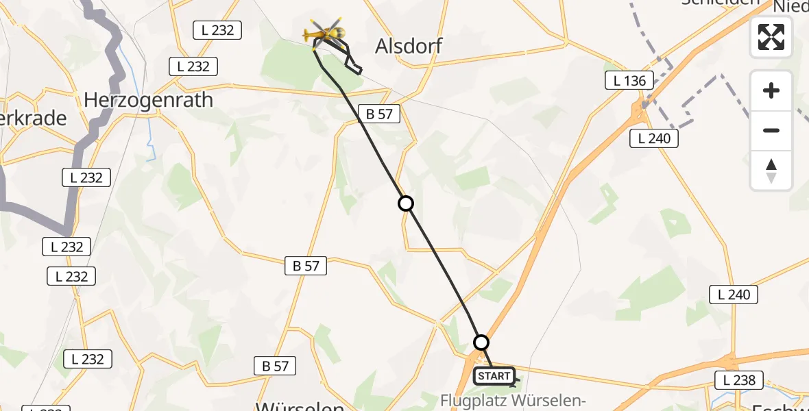 Flugroute Rettungshubschrauber Aachen-Merzbrück Flughafen - Alsdorf, 18 August 2026, 18:10