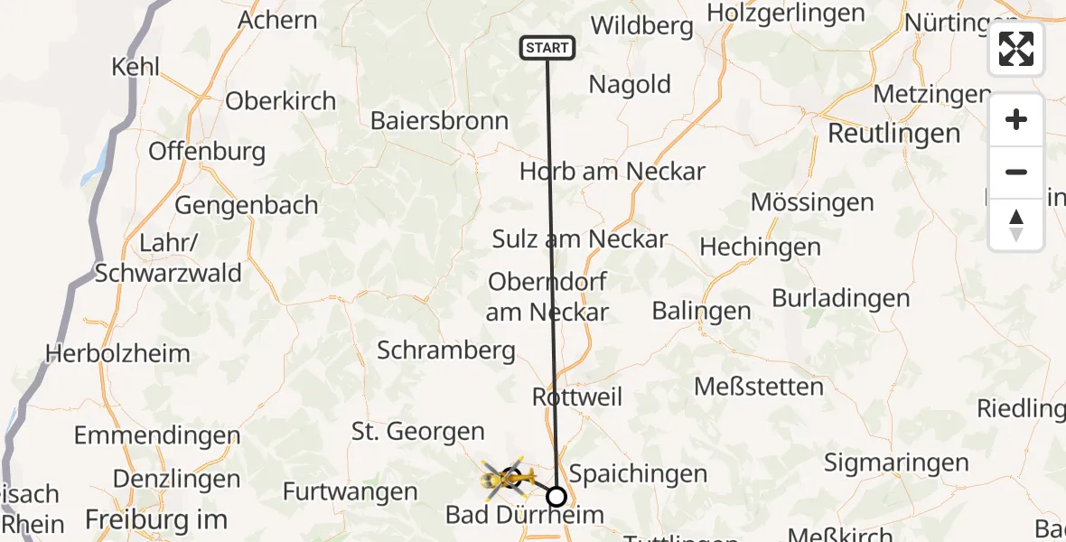 Flugroute Ambulanzhubschrauber Altensteig - DRF Air Rescue Station Villingen-Schwenningen Hubschrauberlandeplatz (Christoph 11), 18 August 2026, 18:13