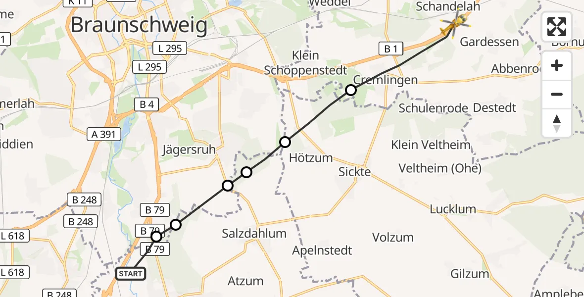 Flugroute Rettungshubschrauber Wolfenbüttel - Cremlingen, 18 August 2026, 18:18
