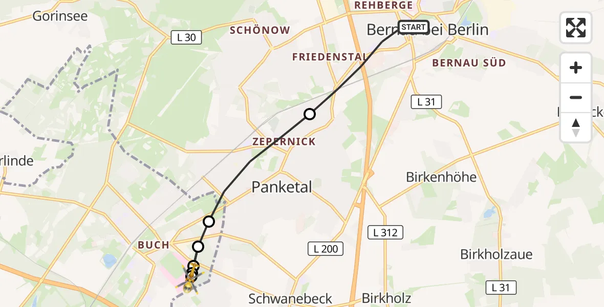 Flugroute Rettungshubschrauber Bernau bei Berlin - Helios Clinic Berlin-Buch, 18 August 2026, 18:21