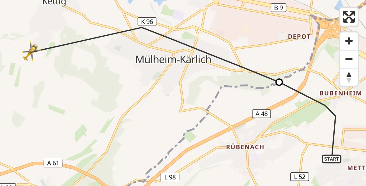 Flugroute Rettungshubschrauber Koblenz - Kettig, 18 August 2026, 18:25