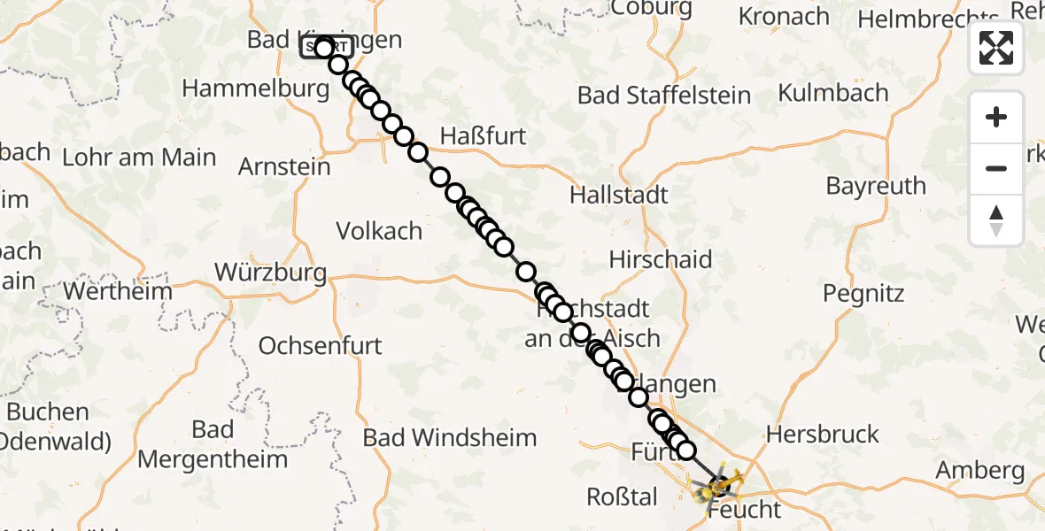 Flugroute Rettungshubschrauber Helios Sankt Elisabeth Hospital Bad Kissingen - Nürnberg South Hospital, 18 August 2026, 18:29