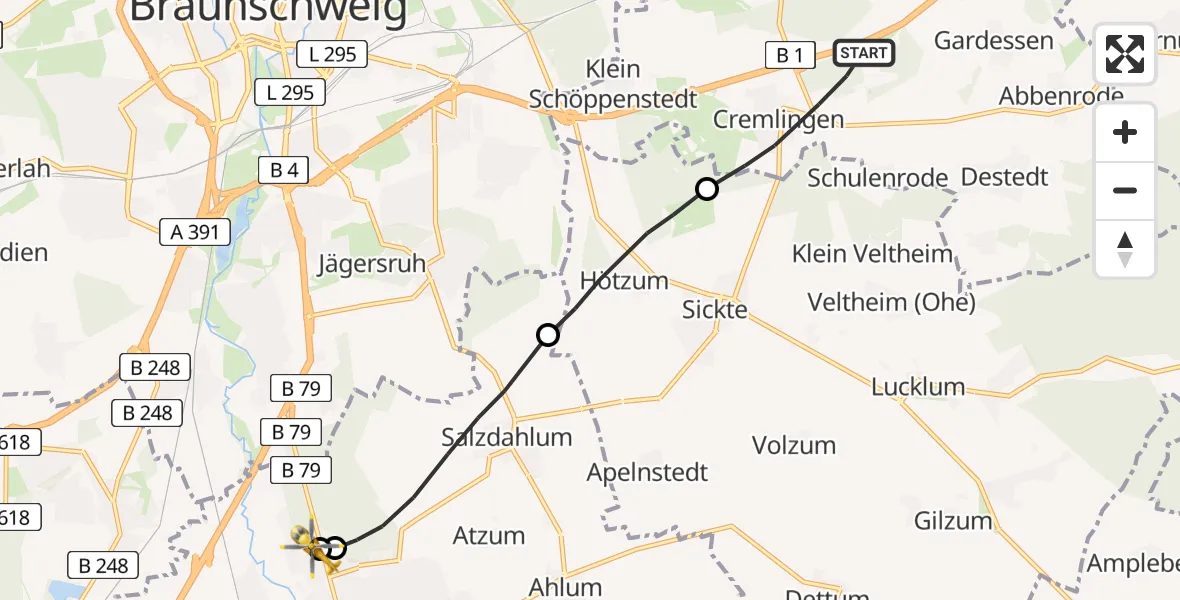 Flugroute Rettungshubschrauber Cremlingen - Wolfenbüttel Municipal Hospital Heliport (Christoph 30), 18 August 2026, 18:38