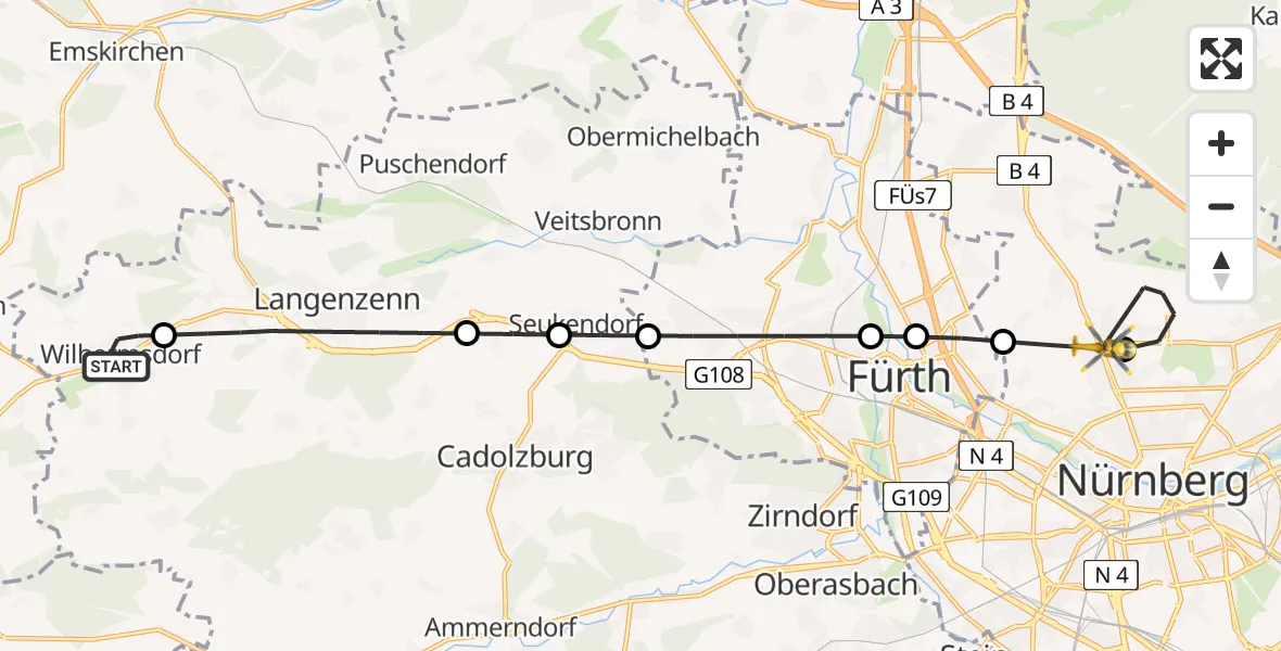 Flugroute Ambulanzhubschrauber Wilhermsdorf - Flughafen Nuremberg, 18 August 2026, 18:41