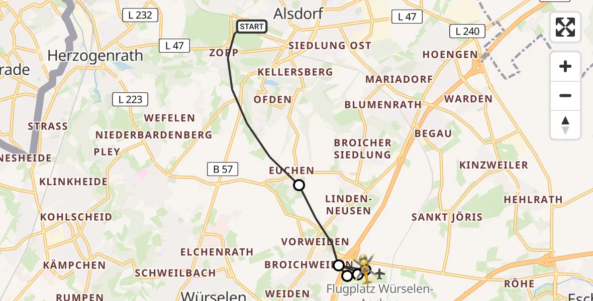 Flugroute Rettungshubschrauber Alsdorf - Aachen-Merzbrück Flughafen, 18 August 2026, 19:01