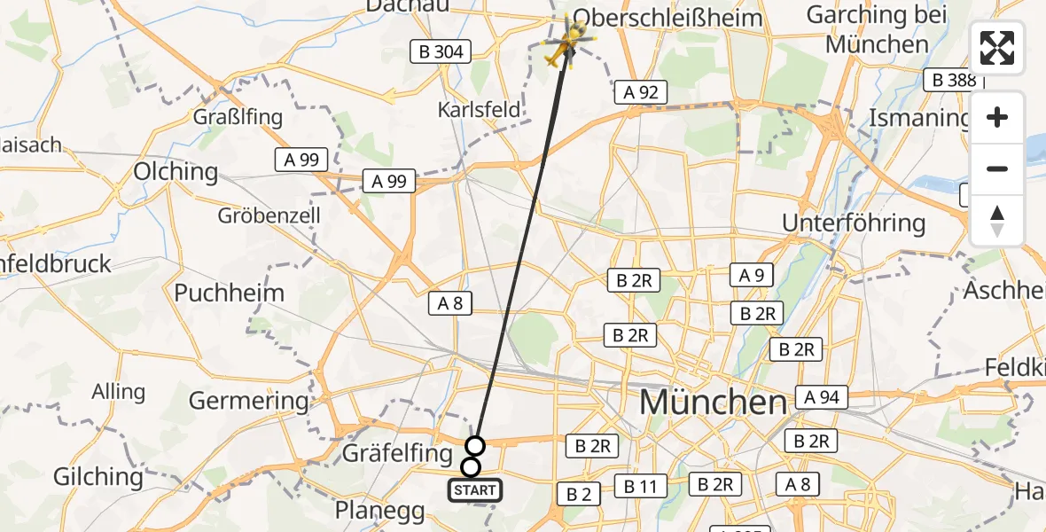 Flugroute Rettungshubschrauber DRF Air Rescue München Hubschrauberlandeplatz - München, 18 August 2026, 19:31