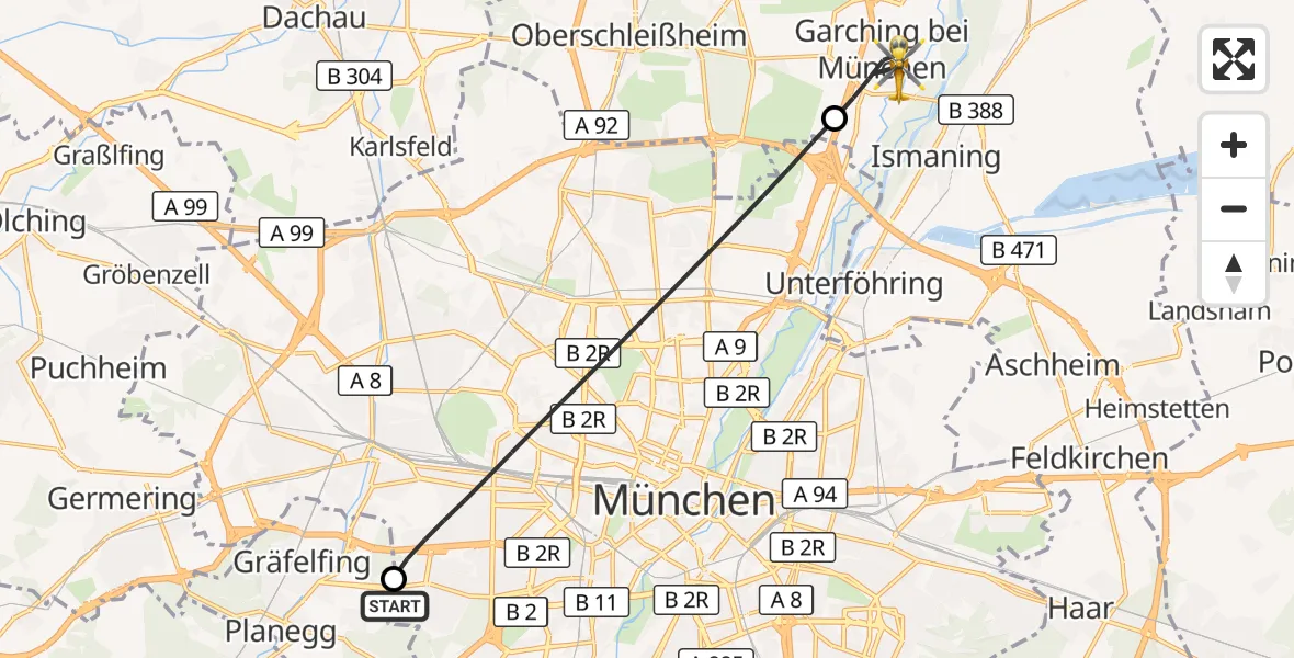 Flugroute Rettungshubschrauber DRF Air Rescue München Hubschrauberlandeplatz - Garching b.München, 18 August 2026, 20:34