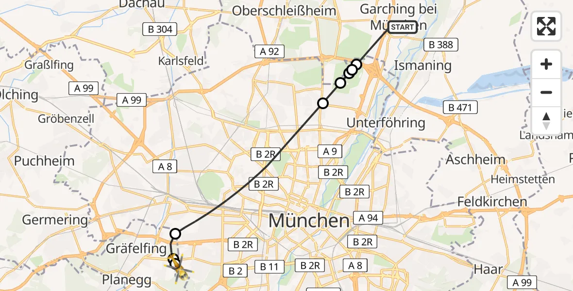 Flugroute Rettungshubschrauber Garching b.München - DRF Air Rescue München Hubschrauberlandeplatz, 18 August 2026, 21:06