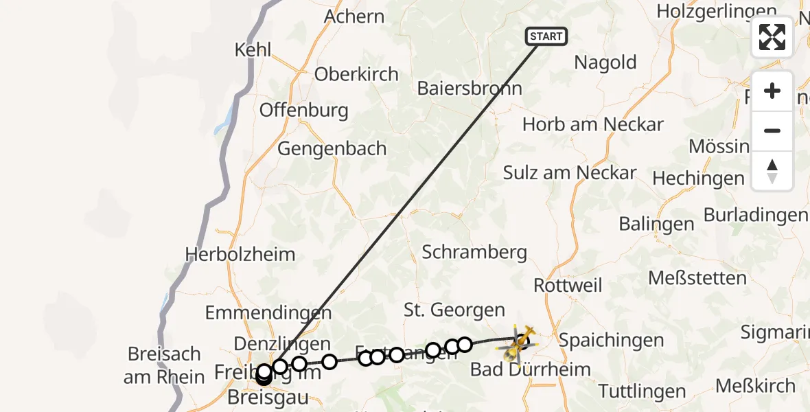 Flugroute Ambulanzhubschrauber Altensteig - DRF Air Rescue Station Villingen-Schwenningen Hubschrauberlandeplatz (Christoph 11), 18 August 2026, 21:56