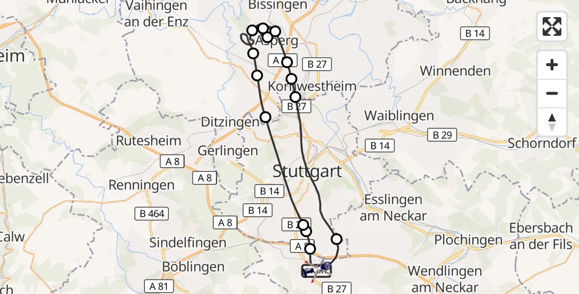 Flugroute Polizeihubschrauber Flughafen Stuttgart - Flughafen Stuttgart, 18 August 2026, 23:34