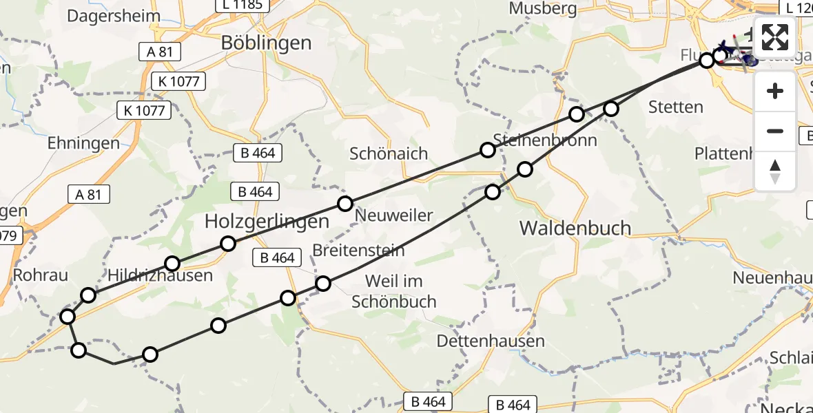 Flugroute Polizeihubschrauber Flughafen Stuttgart - Flughafen Stuttgart, 19 August 2026, 00:29