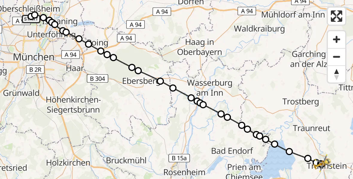 Flugroute Rettungshubschrauber Oberschleißheim - Traunstein Hospital, 19 August 2026, 03:56