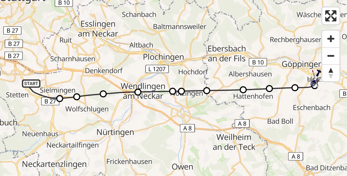 Flugroute Polizeihubschrauber Flughafen Stuttgart - Göppingen, 19 August 2026, 05:06