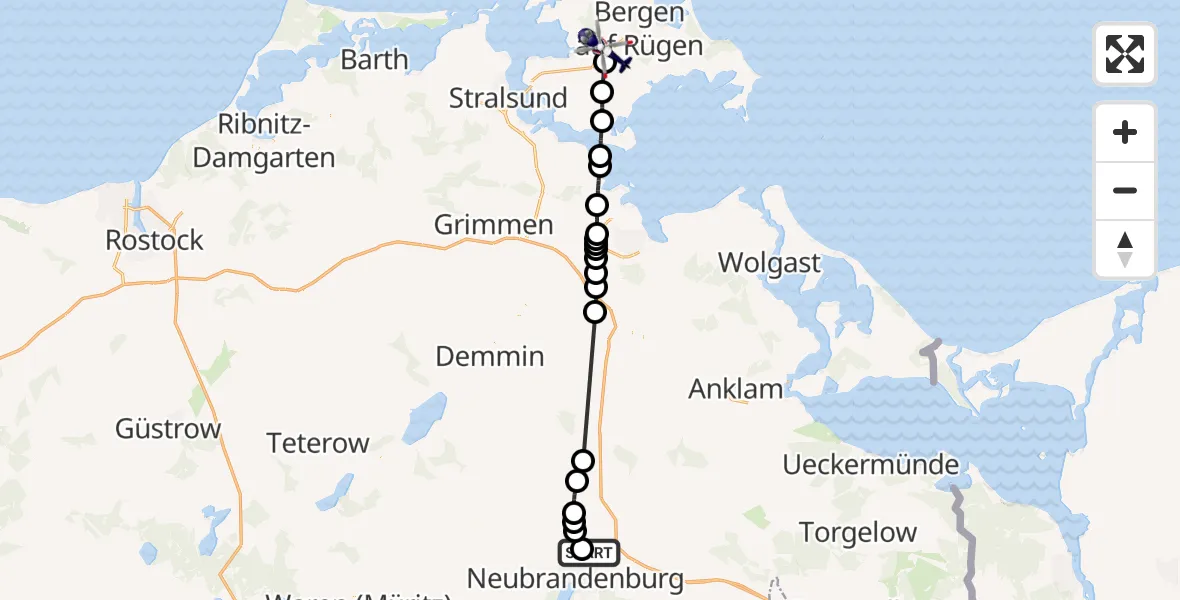 Flugroute Polizeihubschrauber Neubrandenburg Trollenhagen Flughafen - Samtens, 19 August 2026, 05:07