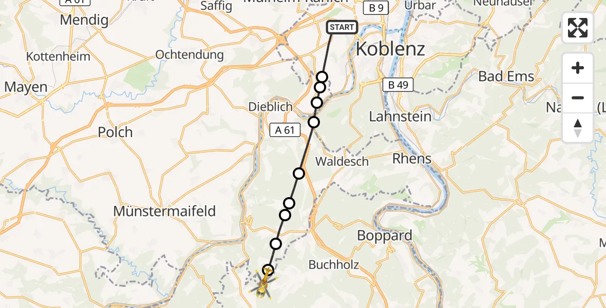 Flugroute Rettungshubschrauber Koblenz - Boppard, 19 August 2026, 05:12