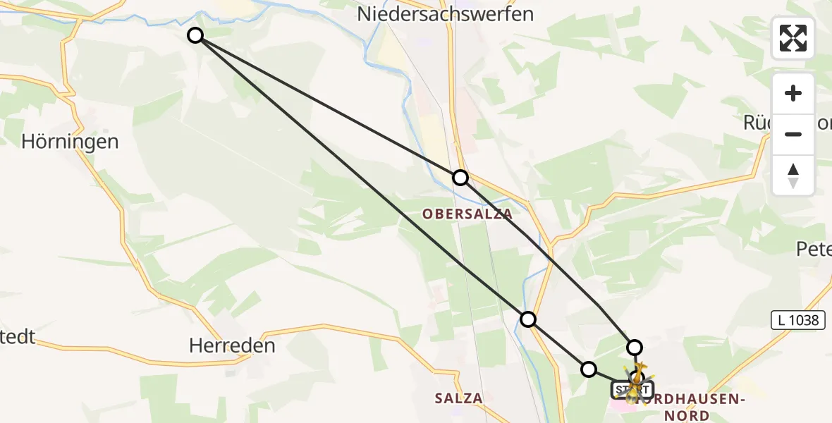 Flugroute Rettungshubschrauber Südharz Hospital Nordhausen - Südharz Hospital Nordhausen, 19 August 2026, 05:16