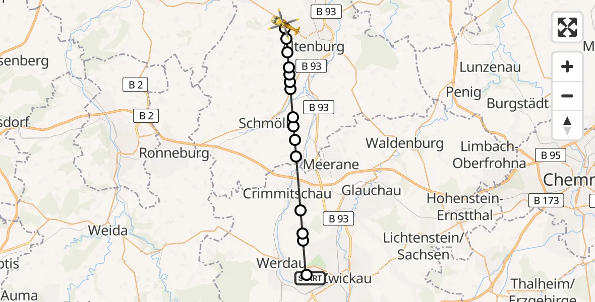 Flugroute Rettungshubschrauber ADAC Air Rescue Station Zwickau Hubschrauberlandeplatz - Rositz, 19 August 2026, 05:34