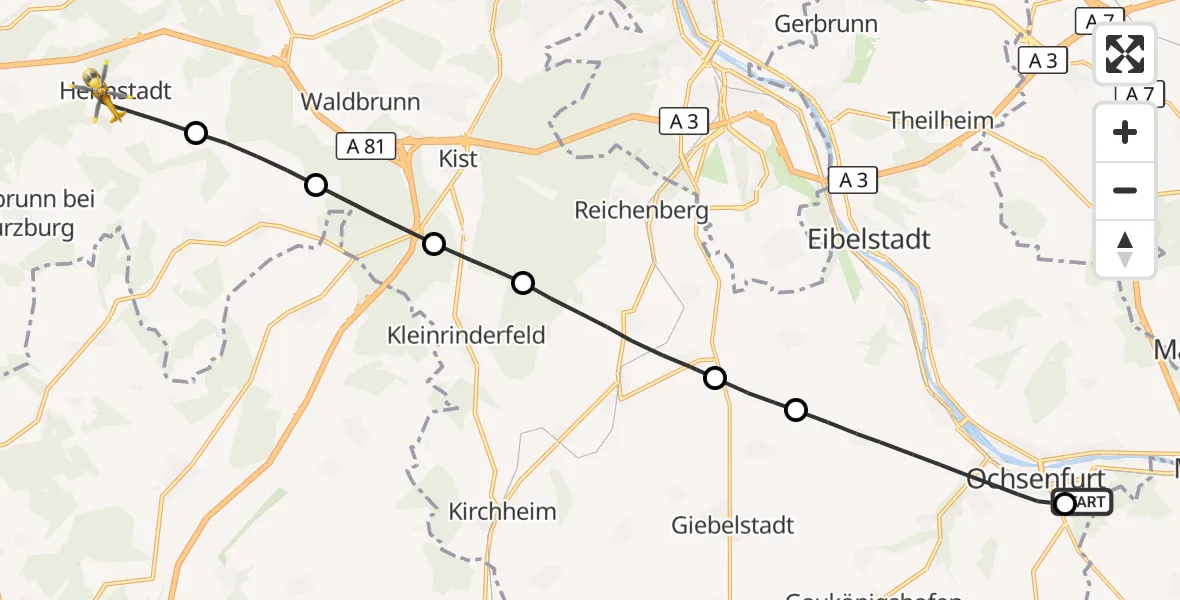 Flugroute Rettungshubschrauber Ochsenfurt Hospital - Helmstadt, 19 August 2026, 05:46