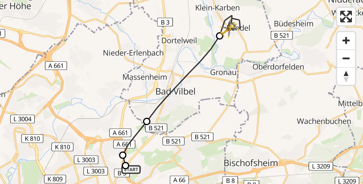 Flugroute Rettungshubschrauber Frankfurt am Main Accident Hospital Roof Helipad (CHX2) - Karben, 19 August 2026, 05:50