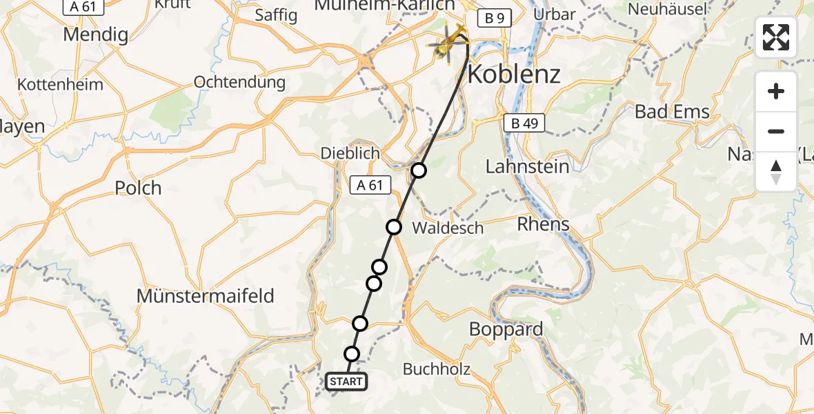 Flugroute Rettungshubschrauber Brodenbach - Koblenz, 19 August 2026, 05:53