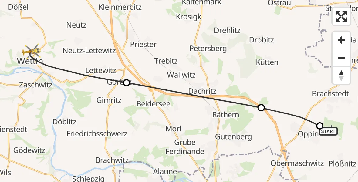 Flugroute Rettungshubschrauber Halle-Oppin Flugplatz - Wettin-Löbejün, 19 August 2026, 06:02