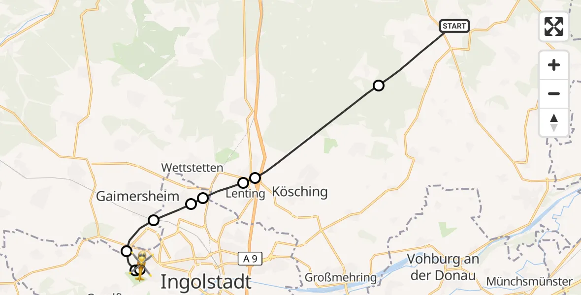 Flugroute Rettungshubschrauber Altmannstein - Ingolstadt Hospital, 19 August 2026, 06:05