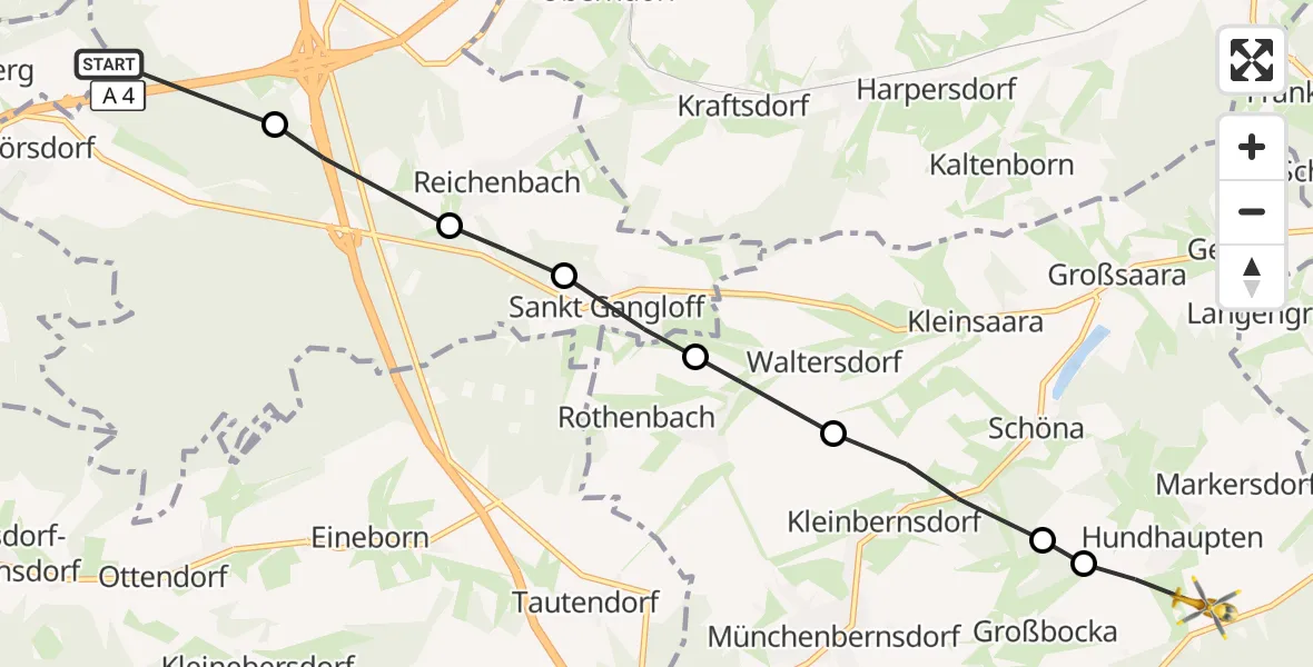 Flugroute Rettungshubschrauber Stadtroda - Hundhaupten, 19 August 2026, 06:06