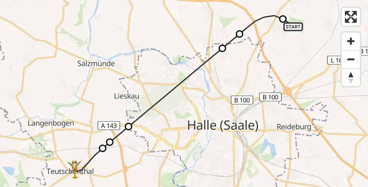 Flugroute Rettungshubschrauber Halle-Oppin Flugplatz - Teutschenthal, 19 August 2026, 06:08