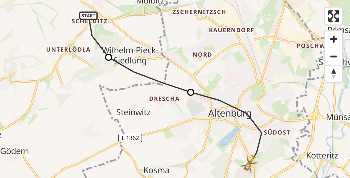 Flugroute Rettungshubschrauber Rositz - Altenburg, 19 August 2026, 06:09