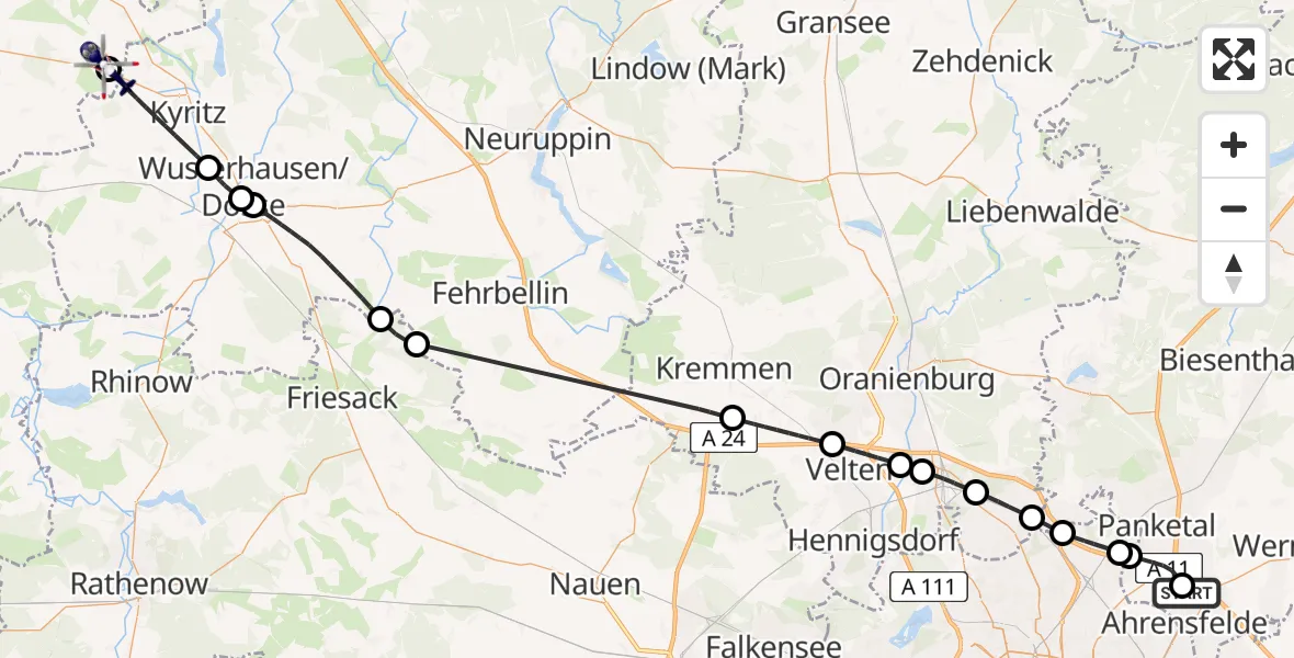 Flugroute Polizeihubschrauber Ahrensfelde Hubschrauberlandeplatz - Gumtow, 19 August 2026, 06:24
