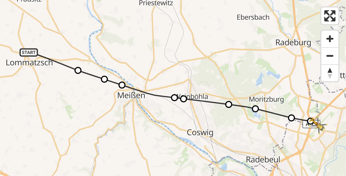 Flugroute Rettungshubschrauber Lommatzsch - Dresden Flughafen, 19 August 2026, 06:27