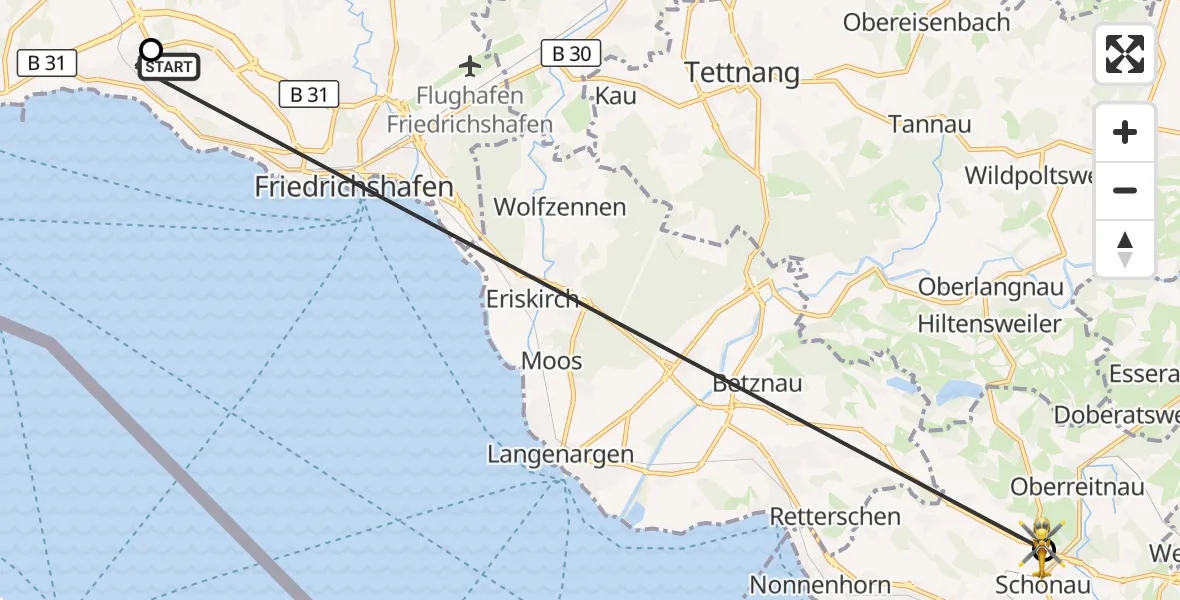 Flugroute Rettungshubschrauber Friedrichshafen Hospital - Lindau (Bodensee), 19 August 2026, 06:35